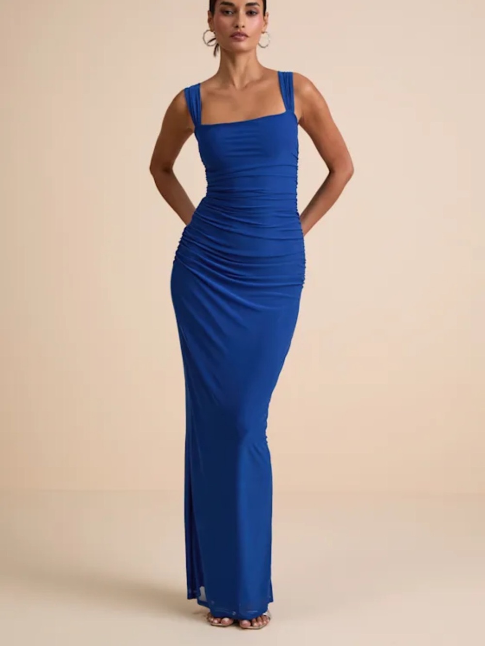 Lulus Amazing Presence‎ Blue Mesh Ruched Column Maxi Dress 2713151 Womens XS NEW
